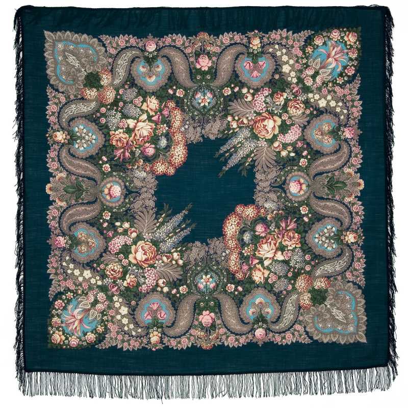 146x146 mm Above Silver Water Woolen Shawl with Woolen Fringe Pavlovo Posad Manufactory