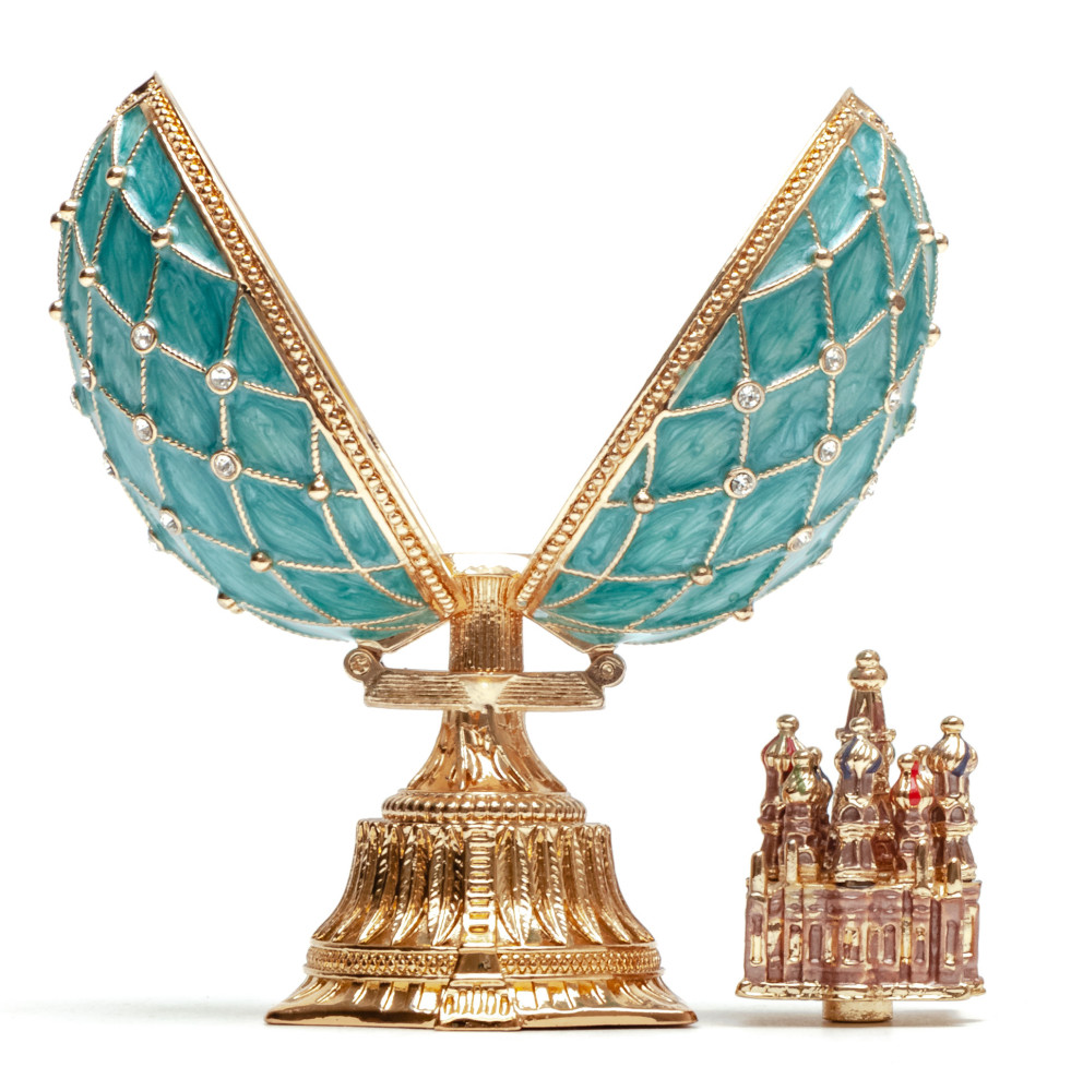 90 mm The Saint Basil Cathedral Light Blue Easter Egg with a Figure inside