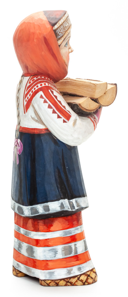 270 mm Girl with a Firewood hand painted Wooden Statue (by Karpova Nadezda)