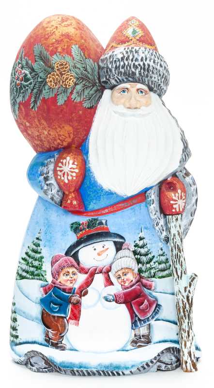 210 mm Santa with a Magic Staff and a Bag with handpainted Children making a Snowman Wooden Carved Statue (by Igor Carved Wooden Figures Studio)