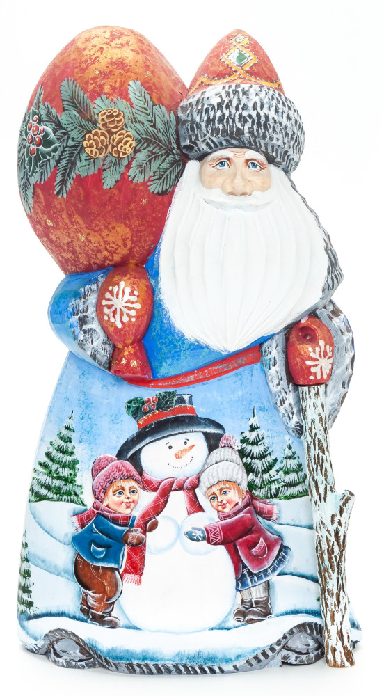 210 mm Santa with a Magic Staff and a Bag with handpainted Children making a Snowman Wooden Carved Statue (by Igor Carved Wooden Figures Studio)
