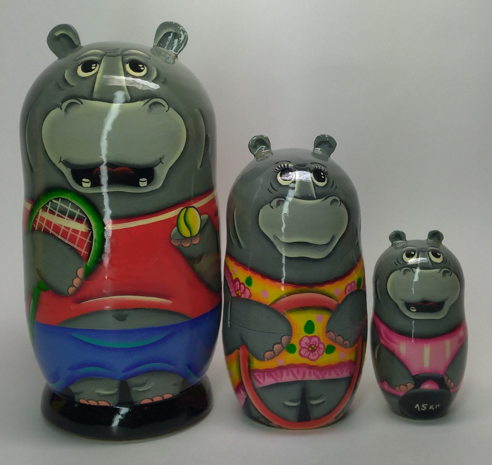 120mm Hippo Tennis Player hand painted Matryoshka 3pcs (by Gift Shop)