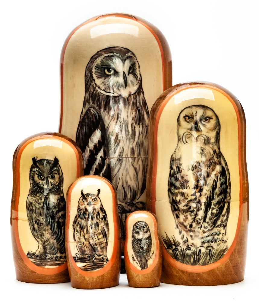 180mm Owl hand painted on wooden Matryoshka doll 5 pcs (by Alexander Famous Paintings Studio)