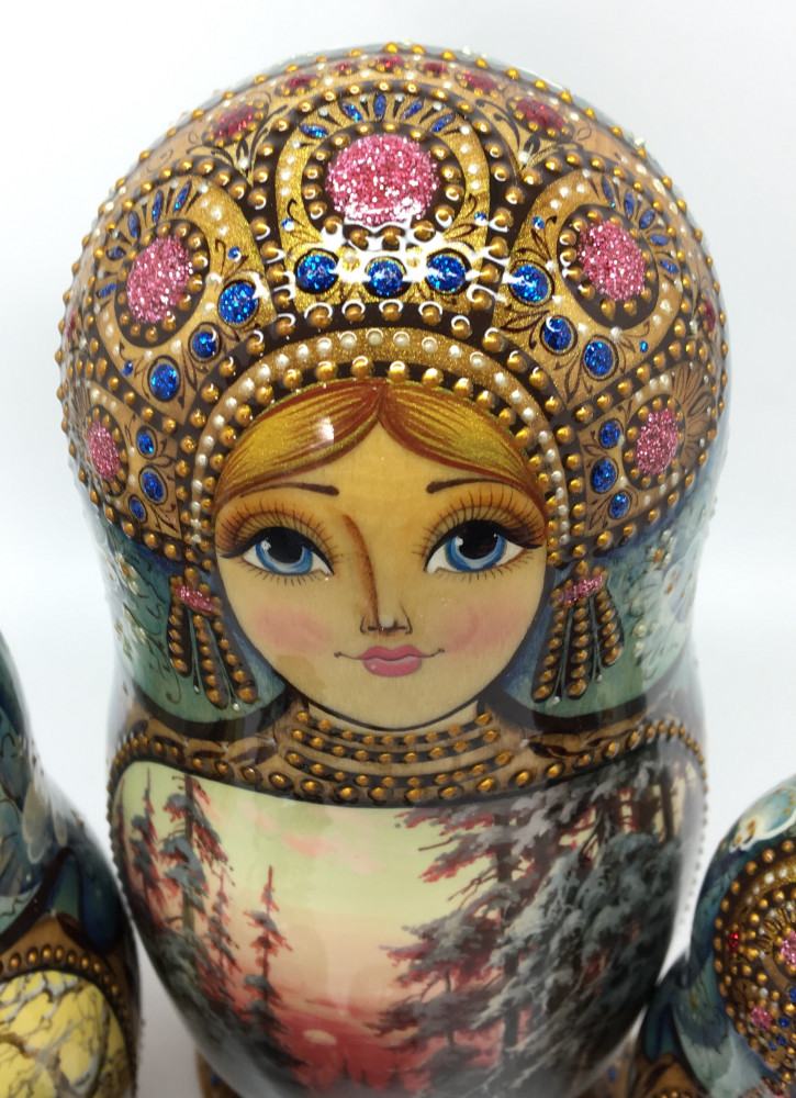 190 mm Winter Forest Landscape hand painted on Wooden Matryoshka doll 5 pcs (by Natalia crafts)