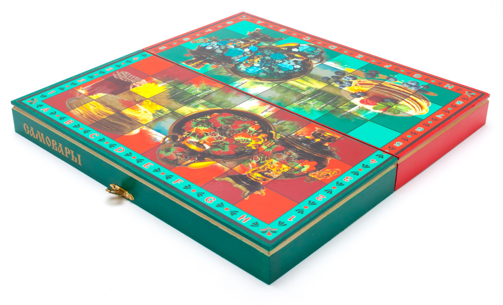 Wooden Chess Board with Russian Samovars Hand Painted Chess Pieces
