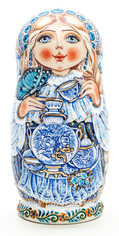 130 mm Girl with Samovar hand painted Matryoshka 5 pcs (by Galina Ulianova)