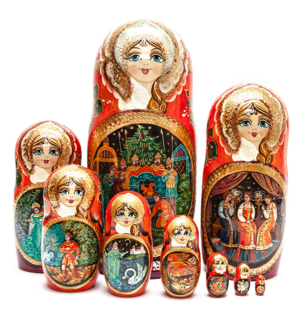 Shop Exclusive Nesting Dolls 290 mm The Tale of Tsar Saltan handpainted Wooden Matryoshka Doll 10 pcs (by Valery Crafts) online at Skazka.site | Eligible for fast shipping and free returns. 290 mm The Tale of Tsar Saltan handpainted Wooden Matryoshka Doll 10 pcs (by Valery Crafts)