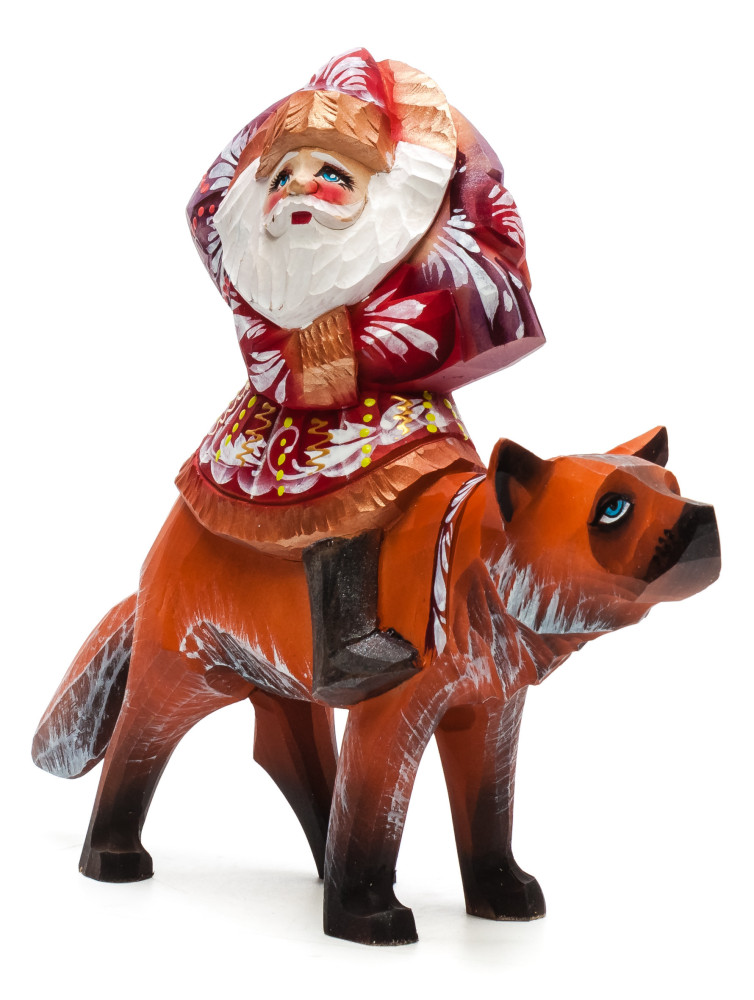 180 mm Santa with a Bag riding a Fox Carved Wood Hand Painted Collectible Figurine (by Igor Carved Wooden Figures Studio)
