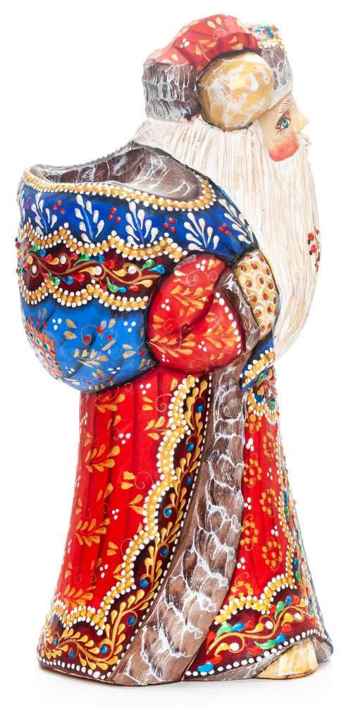 230 mm Santa Claus with a Magic Staff and a Bag Carved Wood Hand Painted Collectible Figurine (by Natalia Nikitina Workshop)
