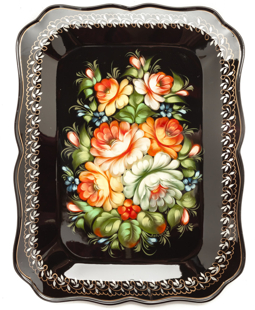 255x330mm Zhostovo Patterns hand painted by Lobachkina and lacquered Metal Forged Tray (by Lada Crafts)