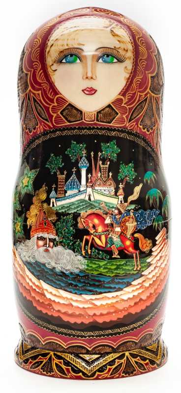 260 mm Ruslan and Lyudmila hand painted on Wooden Matryoshka doll 5 pcs (by Trifinov Studio)