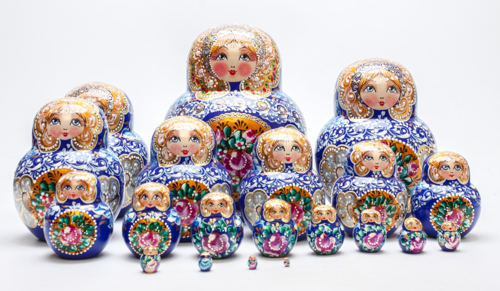 190 mm Navy Blue Russian Patterns hand painted Wooden Matryoshka 20 pcs (by Elena Kudryashova)