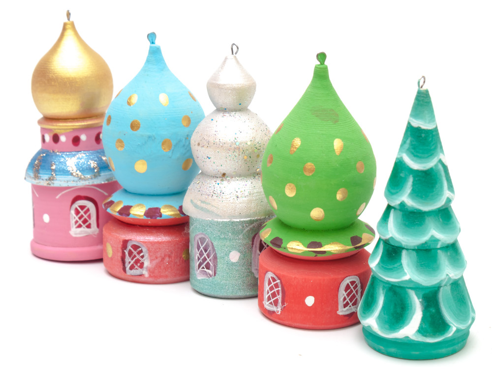 Russian Domes Hand Painted and Carved Christams Tree Wooden Ornaments set of 5 pcs (by Anatoly Christmas Crafts)