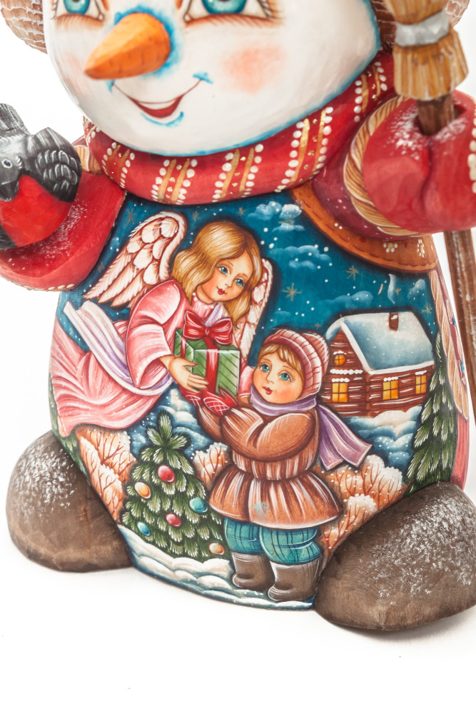 190 mm Snowman with hand painted Angel giving a Gift to a Boy wooden figurine (by Sergey Christmas Workshop)