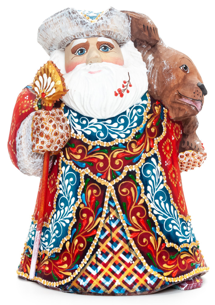 220 mm Santa Claus with a Bear and a Magic Staff Carved Wood Hand Painted Collectible Figurine (by Natalia Nikitina Workshop)