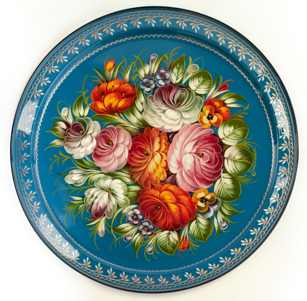 d 385 mm Zhostovo Patterns hand painted and lacquered by Anismova Metal Forged Tray (by Lada Crafts)