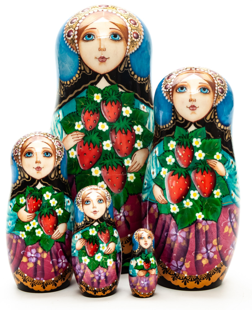  160 mm Girl with Strawberries hand painted Matryoshka 5 pcs (by Galina Ulianova)