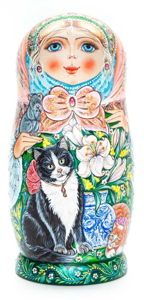 170 mm Girl with a Cat hand painted Matryoshka 5 pcs (by Galina Ulianova)