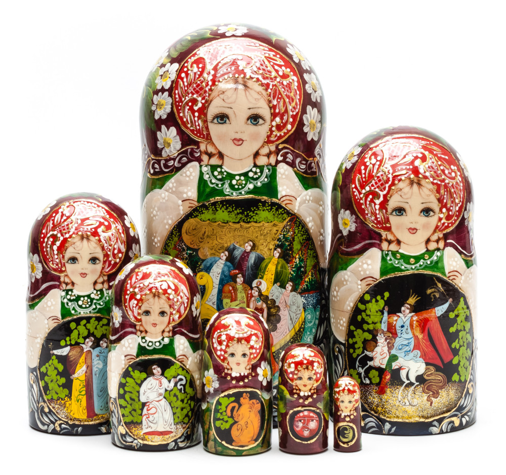 Shop Exclusive Nesting Dolls 220 mm Russian Fairytale by Pushkin handpainted Wooden Matryoshka Doll 7 pcs (by Sheherazade) online at Skazka.site | Eligible for fast shipping and free returns. 220 mm Russian Fairytale by Pushkin handpainted Wooden Matryoshka Doll 7 pcs (by Sheherazade)