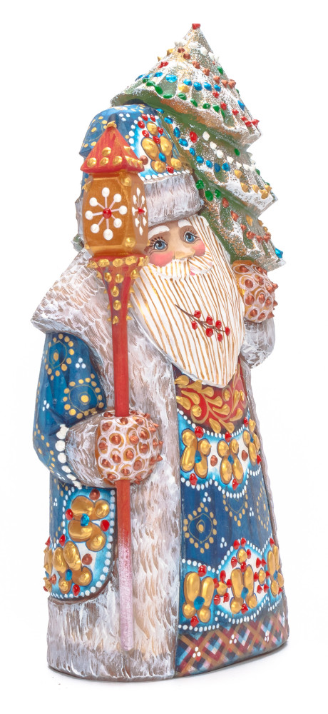 210 mm Santa with a Magic Staff and a Green Christmas Tree Carved Wood Hand Painted Collectible Figurine (by Natalia Nikitina Workshop)