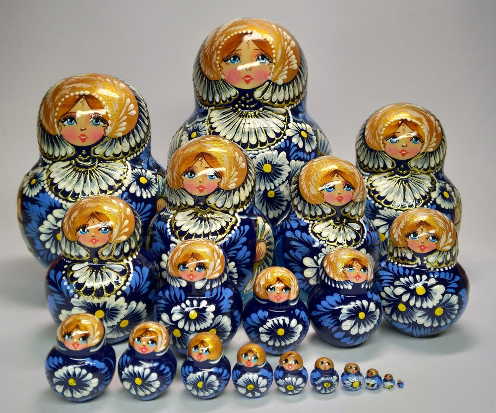 150mm Daisies Hand Painted Wooden Matryoshka doll 20 pcs (by Valentina Dolls)