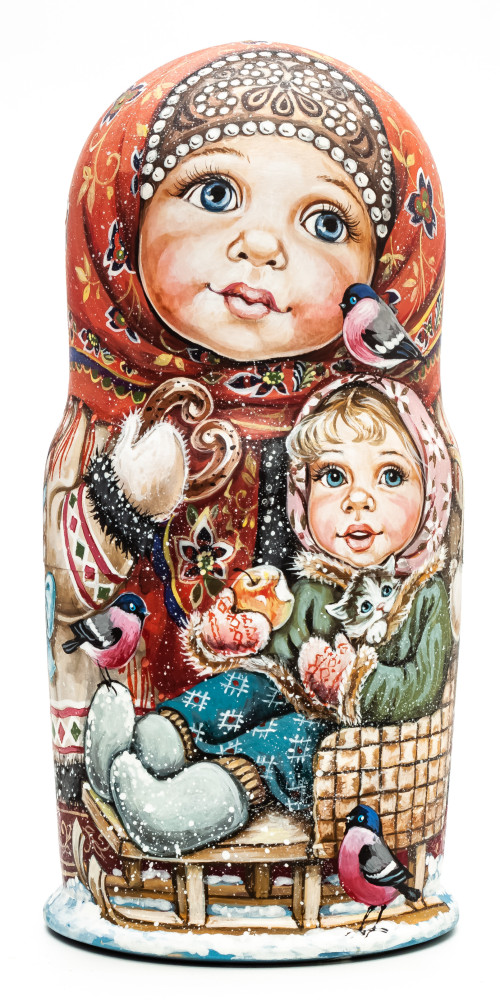210 mm Girls playing with Cats and Dogs miniature hand painted wooden Matryoshka doll 7 pcs (by Nadezda Karpova Studio)
