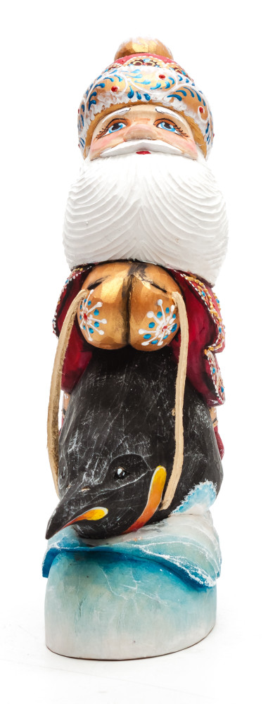 200 mm Santa riding a Penguin Carved Wood Hand Painted Collectible Figurine (by Igor Carved Wooden Figures Studio)
