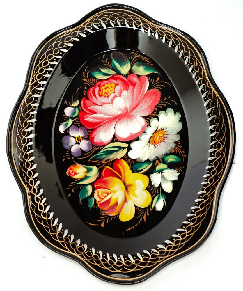 180x220 mm Zhostovo Patterns hand painted and lacquered by Blagova Metal Forged Black Tray (by Lada Crafts)