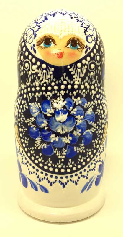 180 mm Gzhel Patterns with bubbles hand painted wooden matryoshka 5 pcs (by Valentina Gzhel)