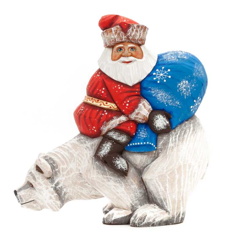 160 mm Santa with a Bag riding the Bear Carved Wood Hand Painted Collectible Figurine (by Sergey Christmas Workshop)