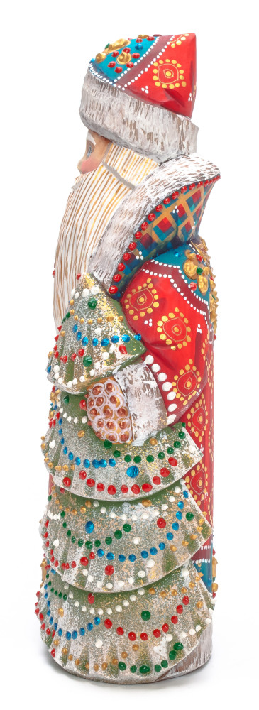 240 mm Santa with a Magic Staff and a Green Christmas Tree Carved Wood Hand Painted Collectible Figurine (by Natalia Nikitina Workshop)