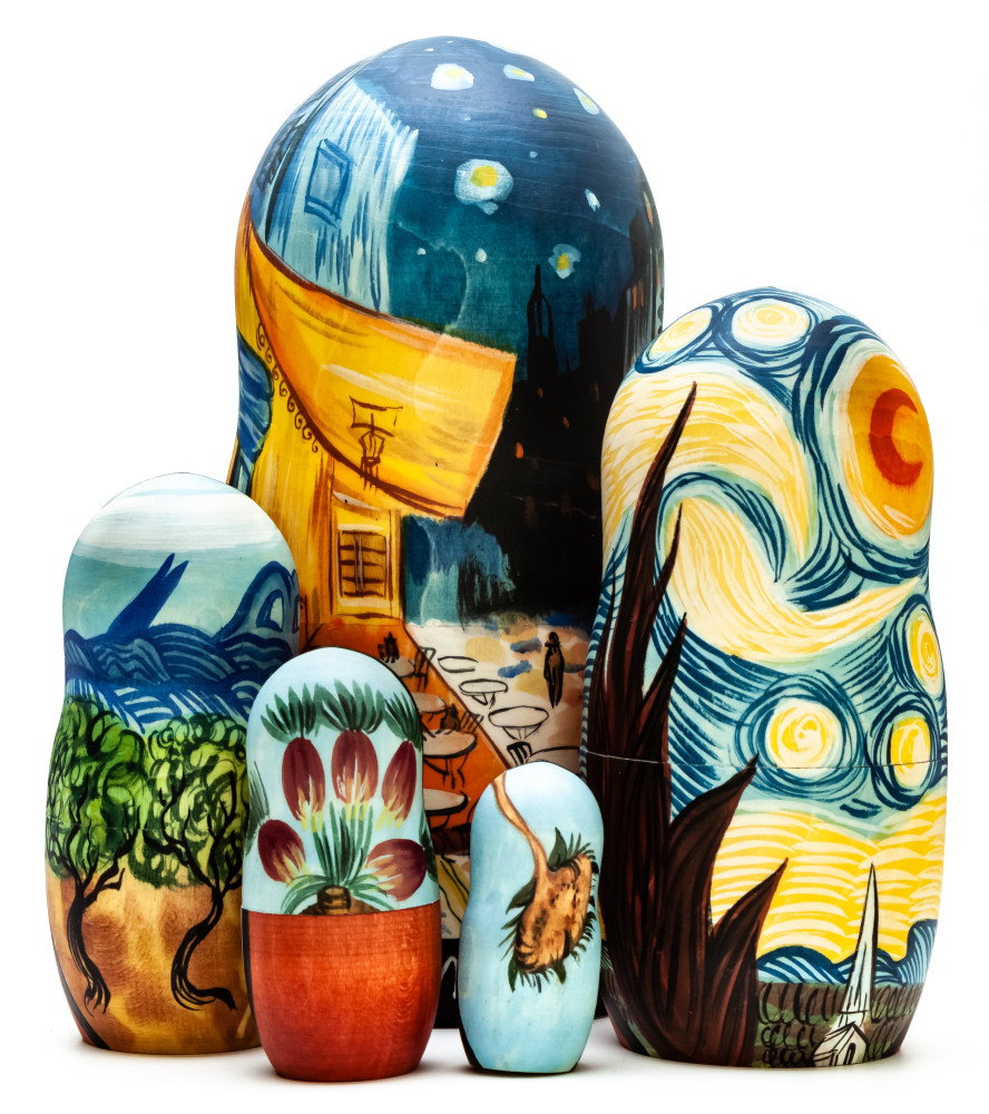 180 mm Café Terrace at Night by van Gogh hand painted on wooden Matryoshka doll 5 pcs (by Alexander Famous Paintings Studio)