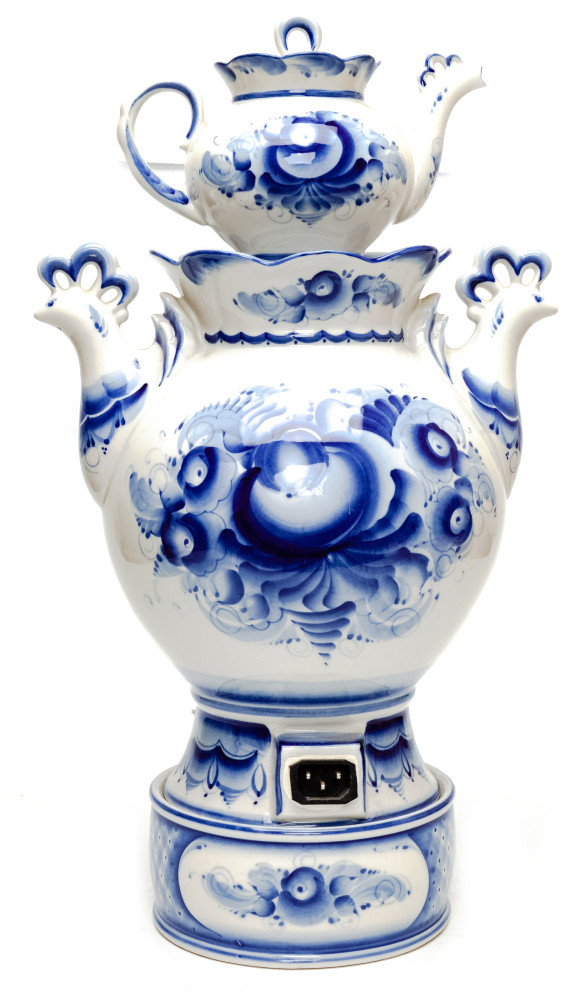 Saint Basil Cathedral Gzhel Ceramic Electric Kettle with Teapot and Tray