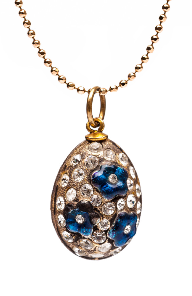 Blue Chamomiles on Gold Egg Pendant