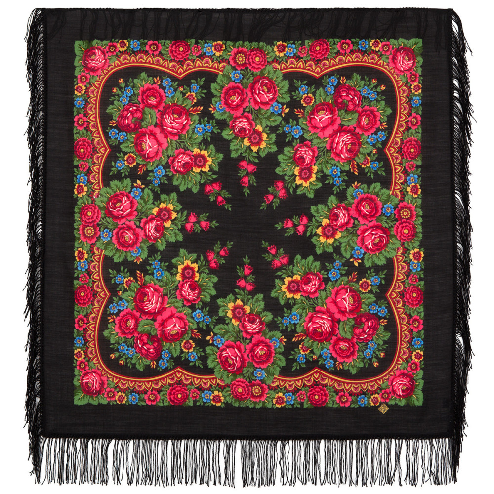 89x89 cm Matryoshka Woolen Shawl with Woolen Fringe Pavlovo Posad Manufactory