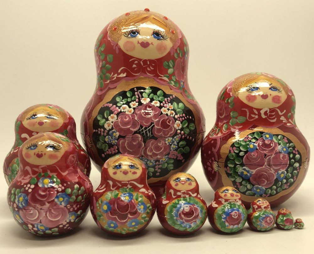 125 mm Red Gzhel Patterns hand painted on wooden Russian Matryoshka 5 pcs (by Rose Studio)