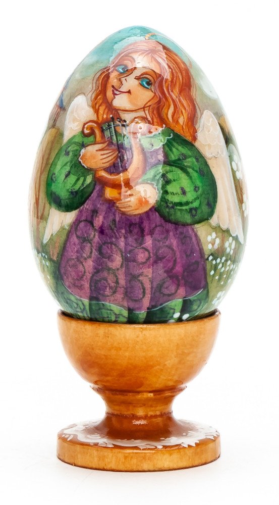 100mm Angel with a Harp handpainted wooden Egg with standby (by Andrey Christams Ornaments Studio)