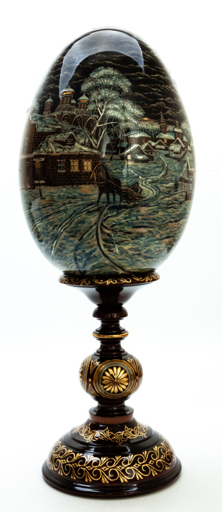 580 mm Night before Christmas in Russian Village hand painted Wooden Egg with Standby
