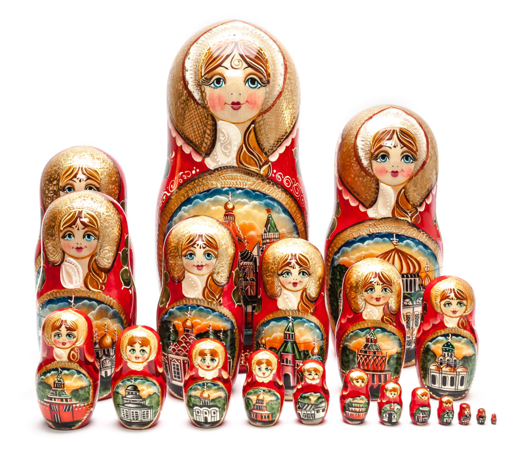370 mm Moscow Cathedrals hand painted wooden Red Matryoshka Doll 20 pcs (by Valery Matryoshka Studio)