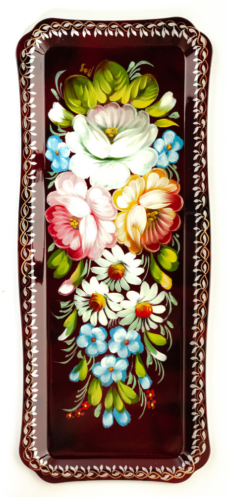 130x310 mm Zhostovo Patterns hand painted and lacquered Metal Forged Tray (by Lada Crafts)