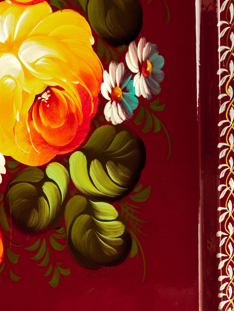 235x395 mm Zhostovo Patterns hand painted and lacquered Metal Forged Carmine Tray (by Lada Crafts)