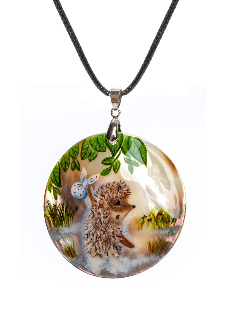 d60 mm Hedgehog in the Fog hand painted Nacre Pendant (by Tatiana Shkatulka Crafts)