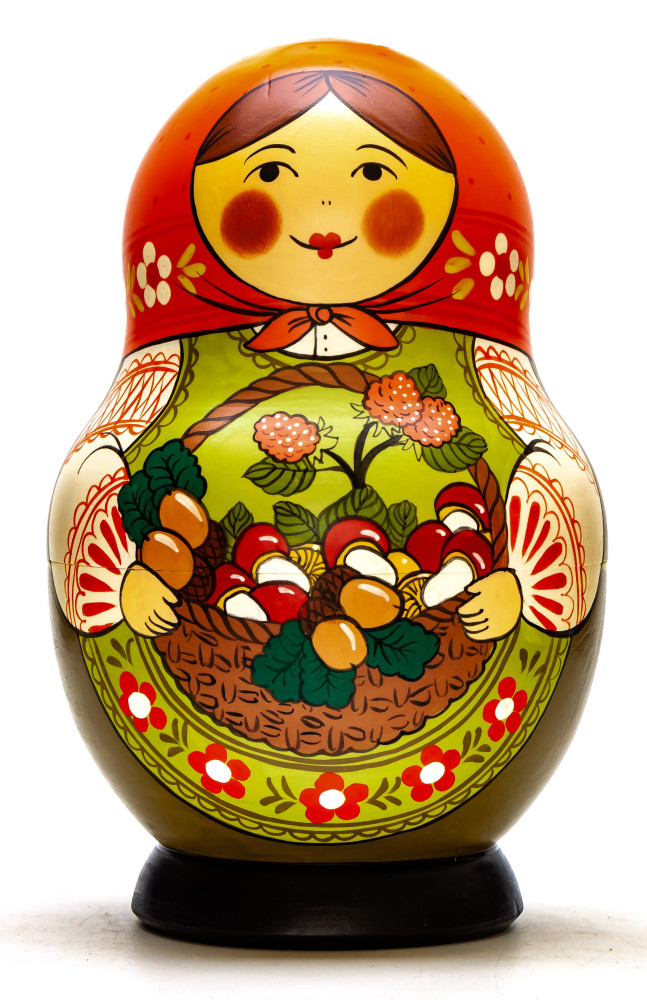 190 mm Mistress with Basket full of Mushrooms hand painted Traditional Russian Wooden Matryoshka round doll 10 pcs (by Igor Malyutin)