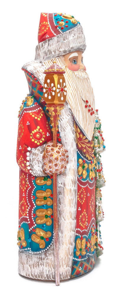 240 mm Santa with a Magic Staff and a Green Christmas Tree Carved Wood Hand Painted Collectible Figurine (by Natalia Nikitina Workshop)