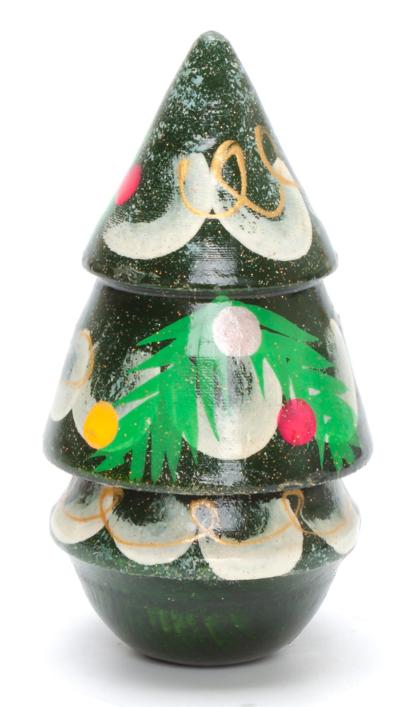 115 mm Christmas Wooden Green Tree with Hand Painted Garlands and Decorations Rolly-Poly