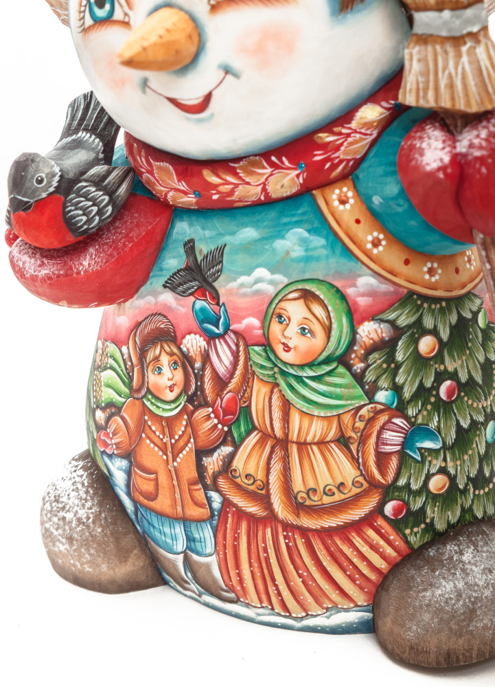 190 mm Snowman with hand painted Kids playing with a Bullfinch wooden figurine (by Sergey Christmas Workshop)