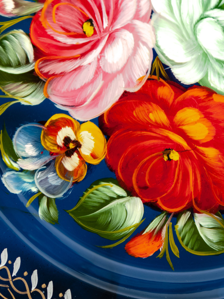  d 180 mm Zhostovo Patterns hand painted and lacquered Metal Forged Blue Tray (by Lada Crafts)