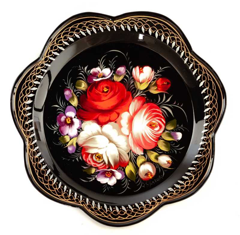 d 220 mm Zhostovo Patterns hand painted and lacquered by Blagova Metal Forged Black Tray (by Lada Crafts)