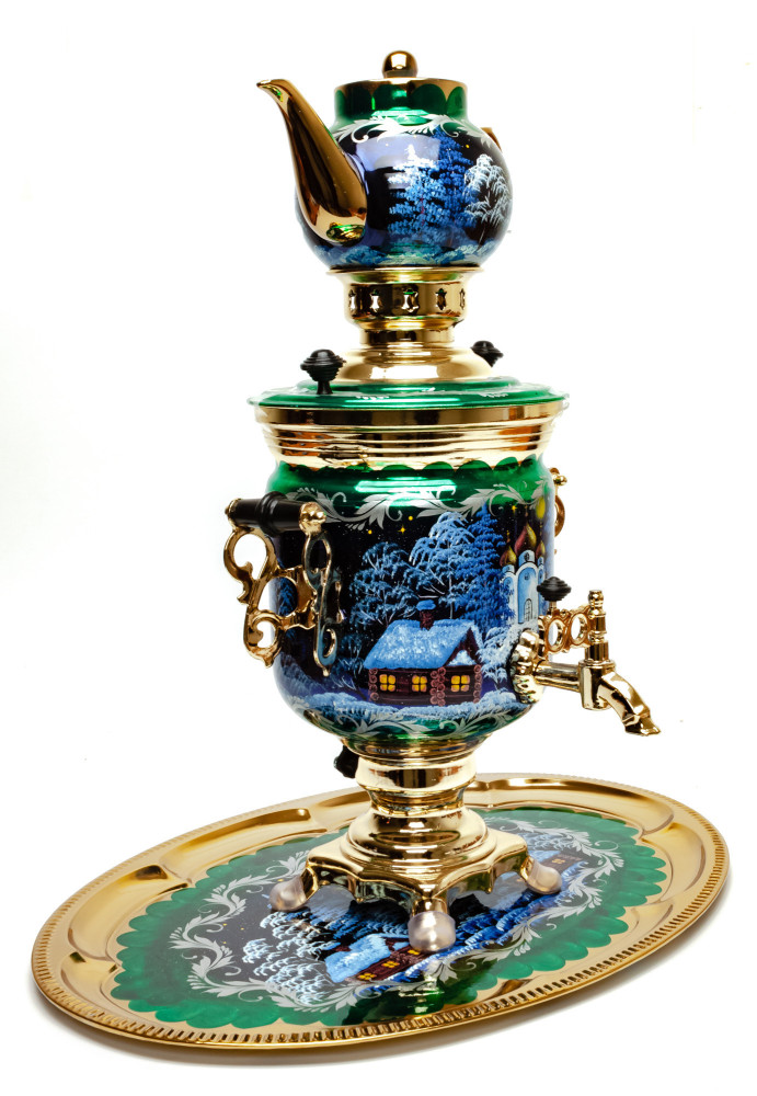 Russian Christmas Night Hand Painted Electric Samovar Kettle with Teapot and Tray