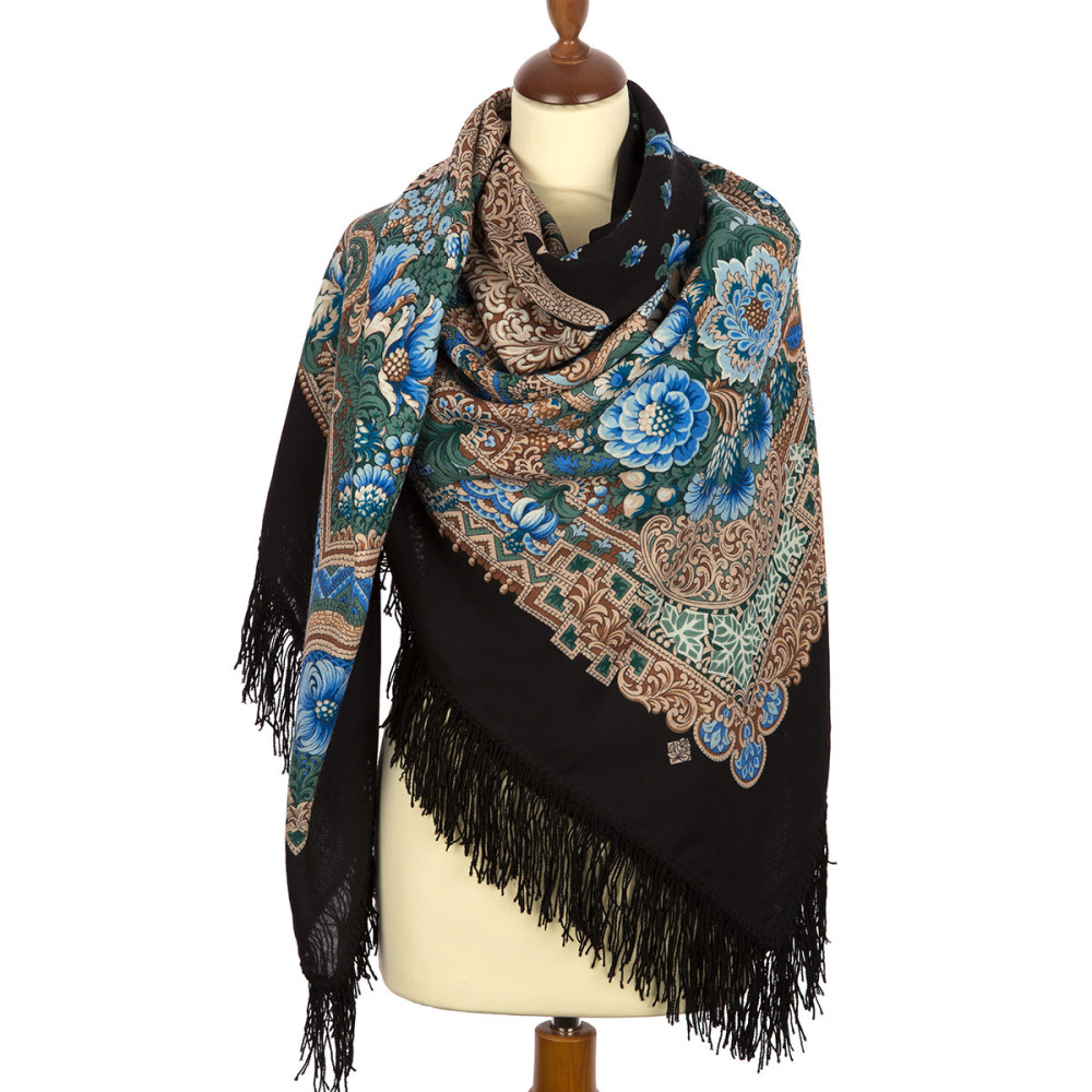 Shop Woolen Scarves with Woolen Fringe 146x146 cm 146x146 mm Velvet Night Woolen Shawl with Woolen Fringe Pavlovo Posad Manufactory online at Skazka.site | Eligible for fast shipping and free returns. 146x146 mm Velvet Night Woolen Shawl with Woolen Fringe Pavlovo Posad Manufactory